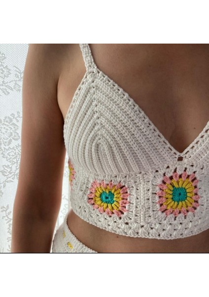 Sg Afrodit Sarı Croptop Kroşe Bikini