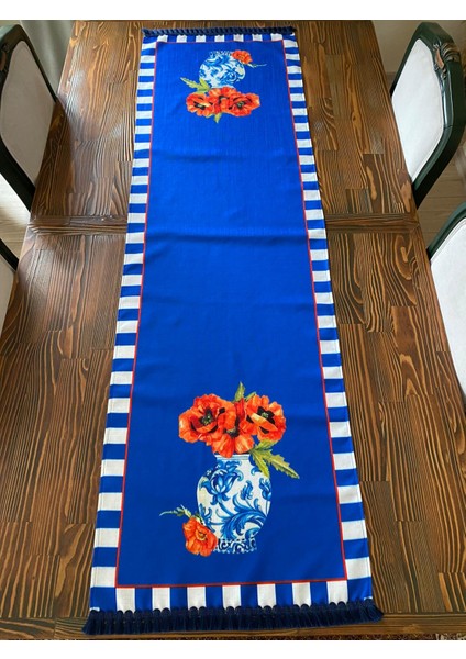 Lacivert Çini Vazo Desen 45X150 Runner I Bleu Blanc Dekor I Luxury Dekor I Leke Tutmaz Örtü