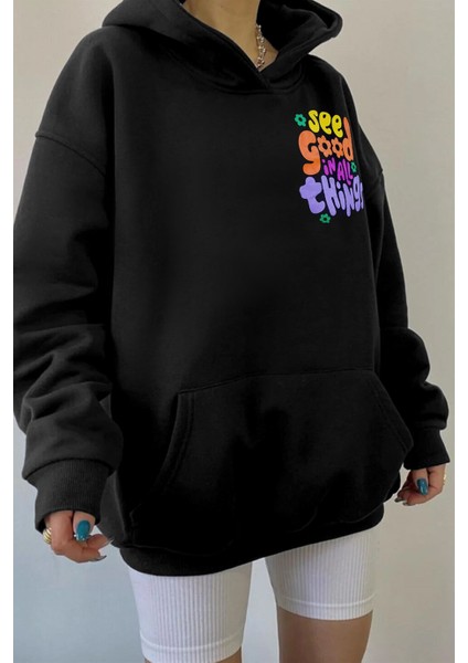 Kadın Siyah See Good Baskılı 3 Iplik Şardonlu Kapüşonlu Oversize Salaş Bol Kesim Hoodie Sweatshirt fiyatları