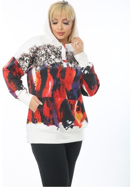 Kadın Beyaz Büyük Beden Beyaz Kırmızı Fırça Kanguru Cep Kapşonlu Esnek Scuba Sweatshirt fiyatları