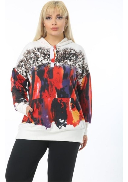 Kadın Beyaz Büyük Beden Beyaz Kırmızı Fırça Kanguru Cep Kapşonlu Esnek Scuba Sweatshirt fırsatları