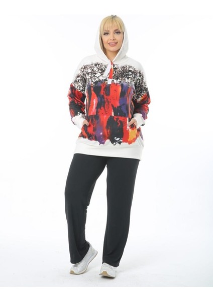 Kadın Beyaz Büyük Beden Beyaz Kırmızı Fırça Kanguru Cep Kapşonlu Esnek Scuba Sweatshirt indirimleri