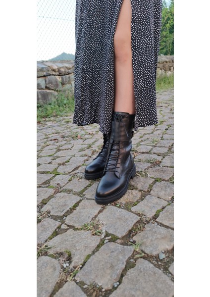 Bur. Gerçek Deri Siyah Lastik Bağlı Yandan Fermuarlı Postal Bot (B14) - Siyah - 38 - ST00888-SİYAH-38