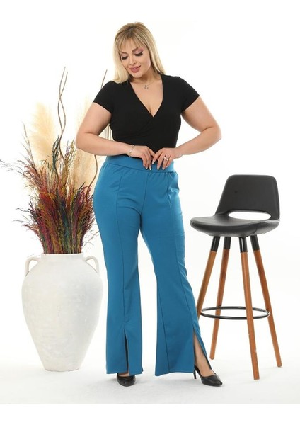 Kadın Büyük Beden Petrol Mavi Ön Yırtmaçlı Ispanyol Paça Esnek Çelik Interlok Pantolon