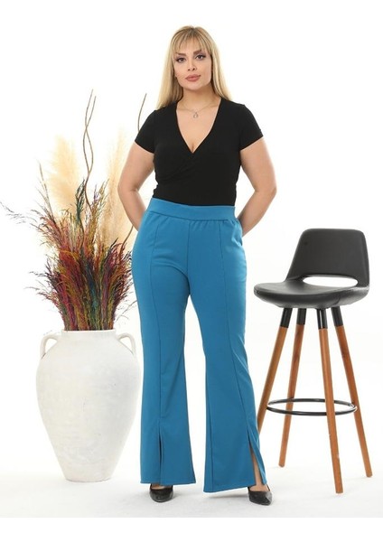 Kadın Büyük Beden Petrol Mavi Ön Yırtmaçlı Ispanyol Paça Esnek Çelik Interlok Pantolon fiyatları