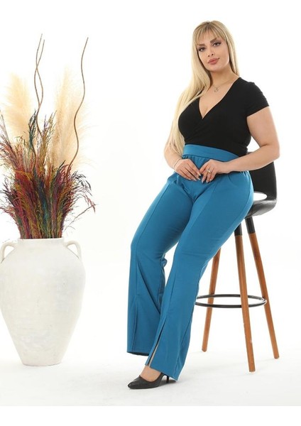 Kadın Büyük Beden Petrol Mavi Ön Yırtmaçlı Ispanyol Paça Esnek Çelik Interlok Pantolon modelleri