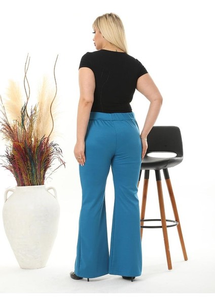 Kadın Büyük Beden Petrol Mavi Ön Yırtmaçlı Ispanyol Paça Esnek Çelik Interlok Pantolon fırsatları