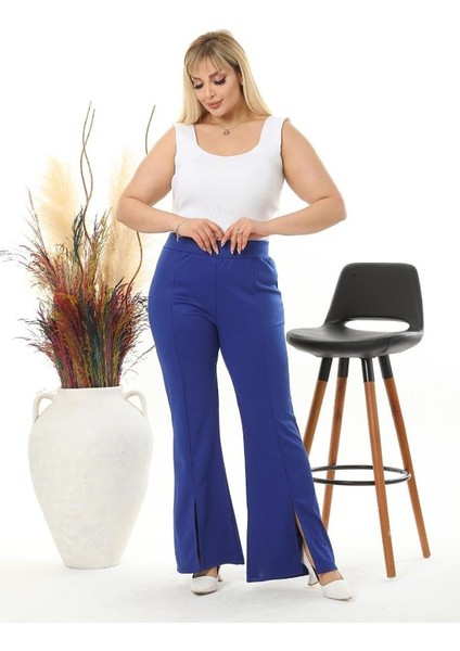 Kadın Büyük Beden Saks Mavi Ön Yırtmaçlı Ispanyol Paça Esnek Çelik Interlok Pantolon