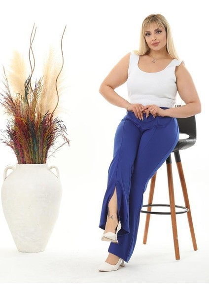 Kadın Büyük Beden Saks Mavi Ön Yırtmaçlı Ispanyol Paça Esnek Çelik Interlok Pantolon fiyatları