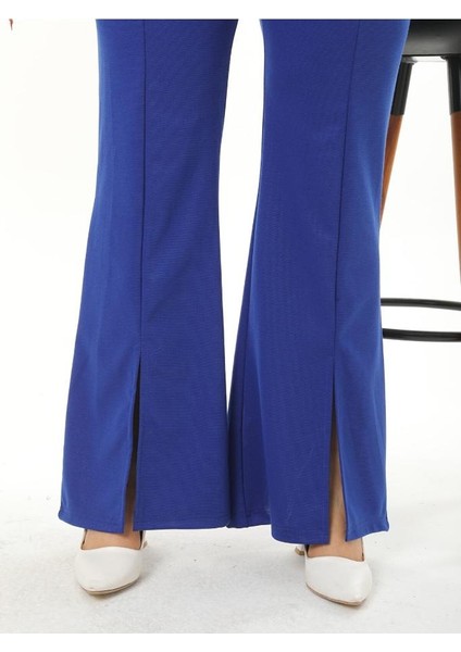 Kadın Büyük Beden Saks Mavi Ön Yırtmaçlı Ispanyol Paça Esnek Çelik Interlok Pantolon modelleri