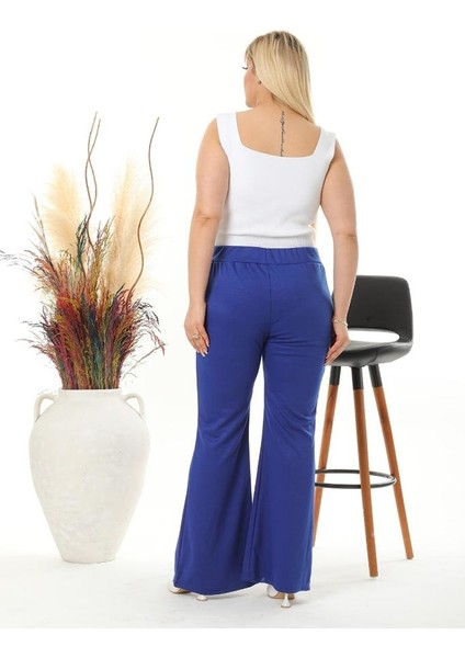 Kadın Büyük Beden Saks Mavi Ön Yırtmaçlı Ispanyol Paça Esnek Çelik Interlok Pantolon fırsatları