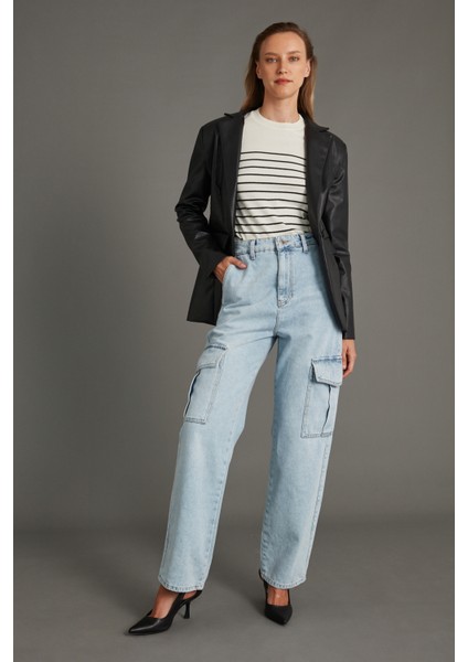 Kadın Ekru Kolu Aksesuar Detylı Çizgili Bisiklet Yaka Triko Kazak