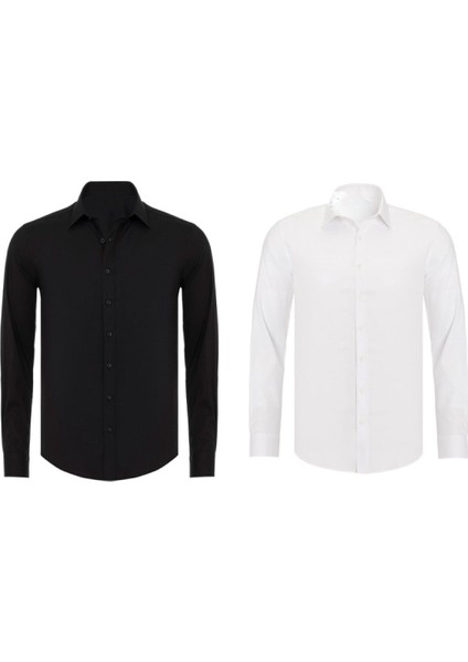 Erkek Siyah ve Beyaz Ithal Saten 2'li Slim Fit Gömlek