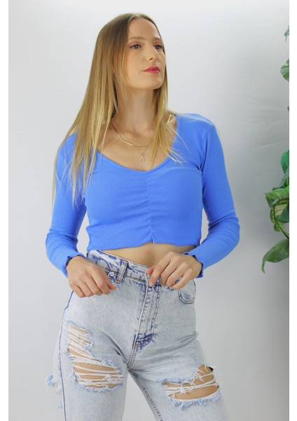 Büzgülü Fitilli Bluz Mavi - 94574