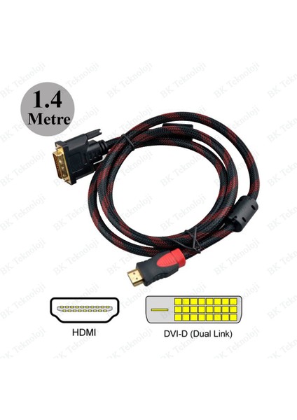 HDMI To DVI Çift Filtreli Örgülü 1.4 Metre Görüntü Kablosu
