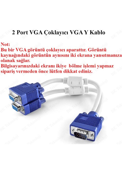 VGA Çoklayıcı Monitör Kablosu 1 Giriş 2 Çıkış