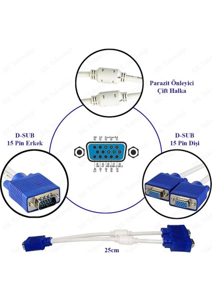 VGA Çoklayıcı Monitör Kablosu 1 Giriş 2 Çıkış