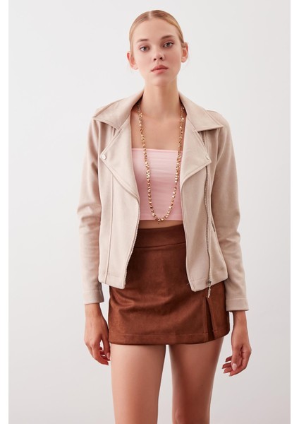 Kelebek Yaka Suni Süet Biker Ceket