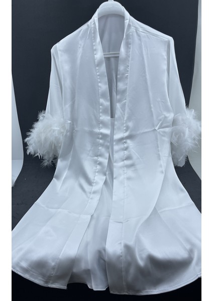 Newin Style Bride Set Tüylü Model Taş Işlemeli Sabahlık /gecelik Terli
