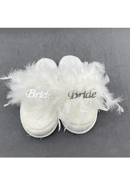 Newin Style Bride Set Tüylü Model Taş Işlemeli Sabahlık /gecelik Terli