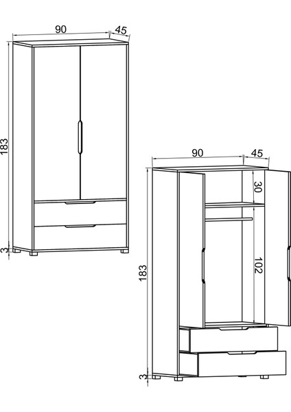 Vertex Mobilya Flora 2 Kapaklı 2 Çekmeceli Gardırop Safir Meşe - Beyaz Elbise Dolabı