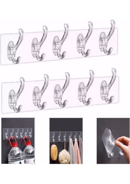 2 Adet 5 Li Yapışkanlı Şeffaf Duvar Askısı Banyo Mutfak Düzenleyici Askı Pratik Askılık