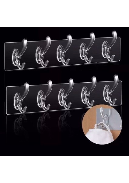 2 Adet 5 Li Yapışkanlı Şeffaf Duvar Askısı Banyo Mutfak Düzenleyici Askı Pratik Askılık