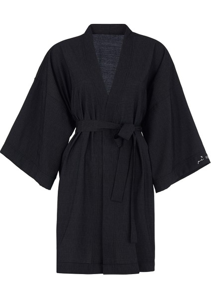 Siyah Basic Oversize Baskısız Dokuma Kadın Erkek Kimono