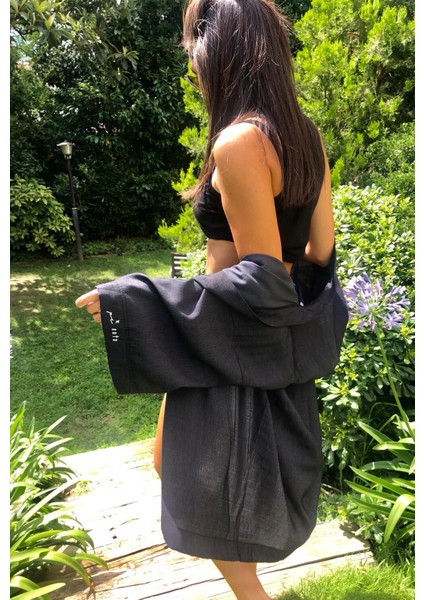 Siyah Basic Oversize Baskısız Dokuma Kadın Erkek Kimono