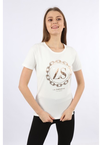 Baskılı Bisiklet Yaka Kısa Kollu T-Shirt