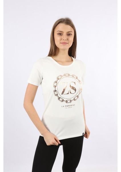 Baskılı Bisiklet Yaka Kısa Kollu T-Shirt