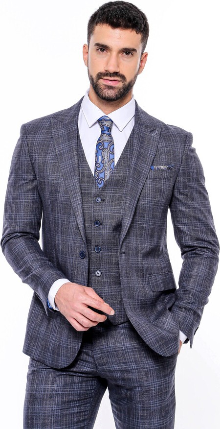 Wessi Kendinden Desenli Yelekli Slim Fit Lacivert Takım Elbise