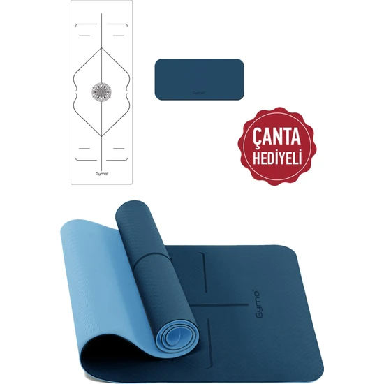 Gymo Hizalamalı Sembol 6mm Tpe Yoga Matı Pilates Minderi Diz Dirsek Koruyucu Matlı Set Mavi