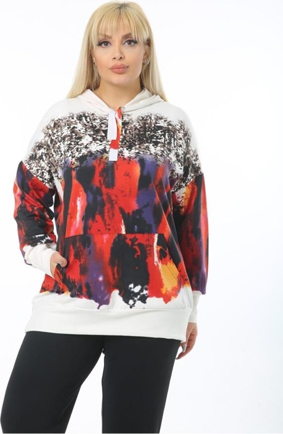 ViolettaXL Kadın Beyaz Büyük Beden Beyaz Kırmızı Fırça Kanguru Cep Kapşonlu Esnek Scuba Sweatshirt görsel 4
