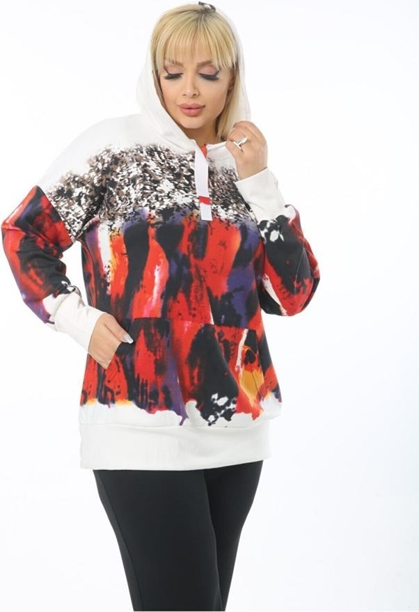 ViolettaXL Kadın Beyaz Büyük Beden Beyaz Kırmızı Fırça Kanguru Cep Kapşonlu Esnek Scuba Sweatshirt görsel 2