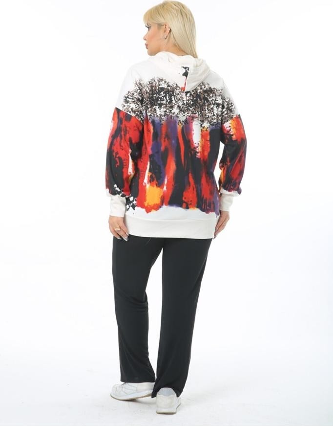 ViolettaXL Kadın Beyaz Büyük Beden Beyaz Kırmızı Fırça Kanguru Cep Kapşonlu Esnek Scuba Sweatshirt görsel 3