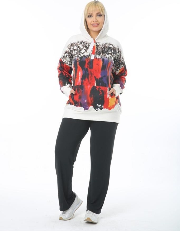 ViolettaXL Kadın Beyaz Büyük Beden Beyaz Kırmızı Fırça Kanguru Cep Kapşonlu Esnek Scuba Sweatshirt görsel 5