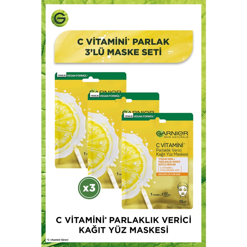 Garnier 3'lü C Vitamini Parlaklık Verici Kağıt Yüz Maskesi Seti Aydınlatıcı Etki Tüm Cilt Tipleri İçin