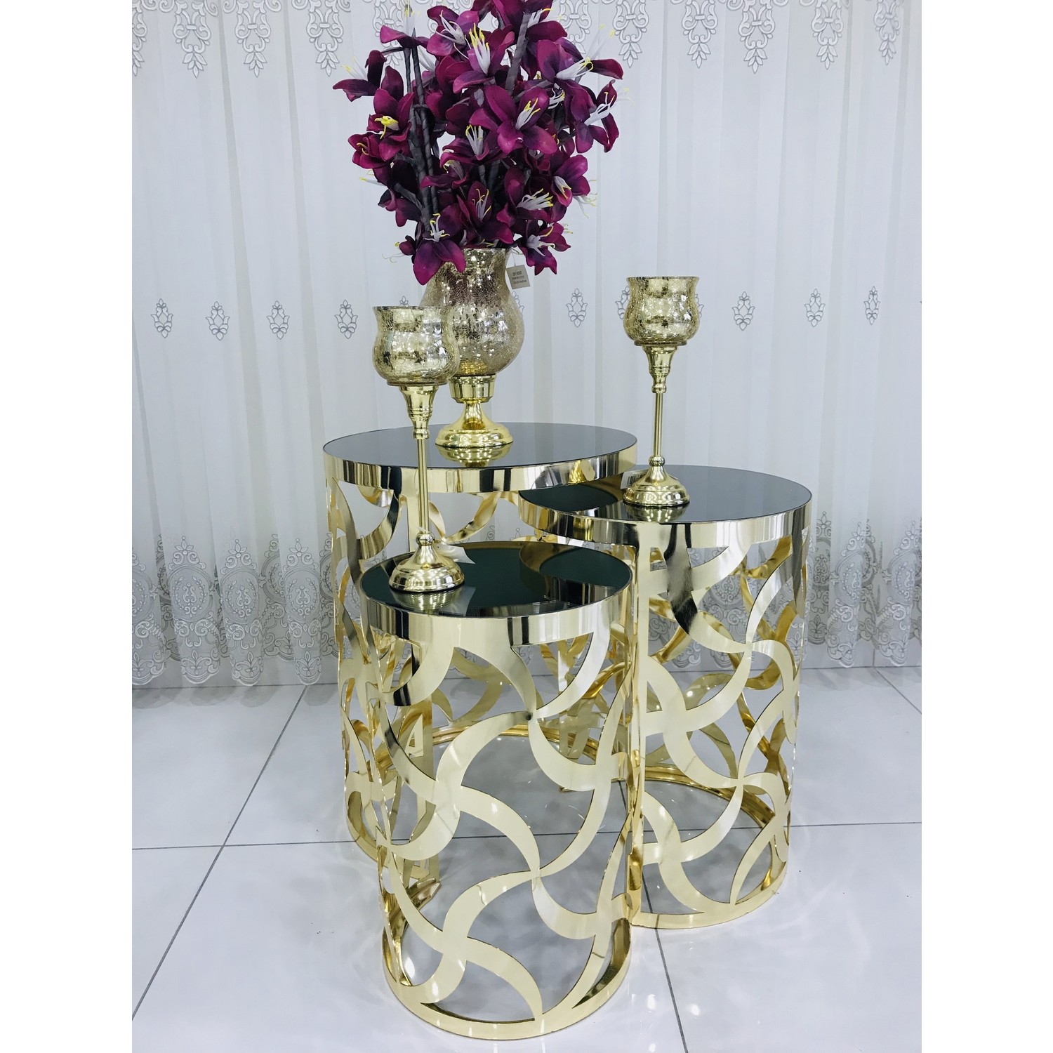 Vip Pervane Ayaklı Aynalı Metal Zigon Sehpa 3�lü Fiyatı