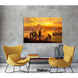 Sahilde Balıkçılar İstanbul Manzarası Kanvas Tablo