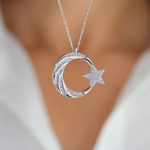 Mygümüş My101800 Burgu Taş İşlemeli Ay Yıldız Gümüş Kolye