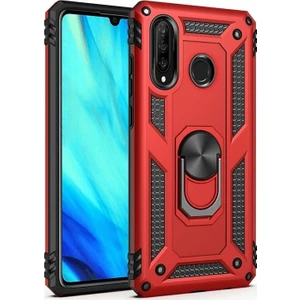 DVR Huawei P30 Lite Kılıf Crash Vega Yüzüklü Standlı Silikon (Kırmızı) + Nano Cam Ekran Koruyucu