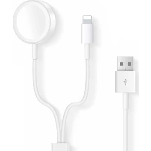2in1 Apple Watch Uyumlu Manyetik Şarj Aygıtı + Lightning USB Kablo 1.2 Metre Beyaz - Model No : AL2363