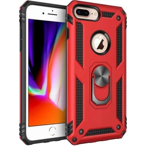 Apple iPhone 8 Plus Kılıf Yüzüklü Standlı Tank Silikon + Kırılmaz Cam