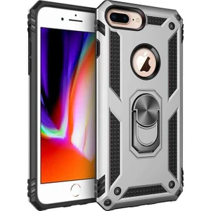 Apple iPhone 8 Plus Kılıf Yüzüklü Standlı Tank Silikon + Kırılmaz Cam