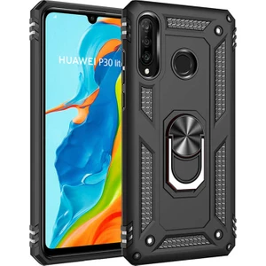 Huawei P30 Lite Kılıf Yüzüklü Standlı Tank Silikon + 5D Tam Ekran Koruyucu Cam