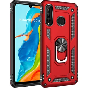 Huawei P30 Lite Kılıf Yüzüklü Standlı Tank Silikon + 5D Tam Ekran Koruyucu Cam
