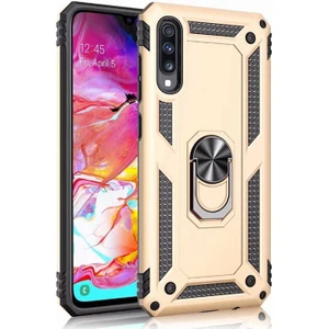 Samsung Galaxy A70 Kılıf SM-A705F Yüzüklü Standlı Tank Silikon + Kırılmaz Cam