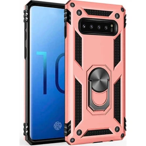 Samsung Galaxy S10 Kılıf SM-G973F Yüzüklü Standlı Tank Silikon + 5D Tam Ekran Koruyucu Cam