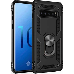 Samsung Galaxy S10 Kılıf SM-G973F Yüzüklü Standlı Tank Silikon + 5D Tam Ekran Koruyucu Cam